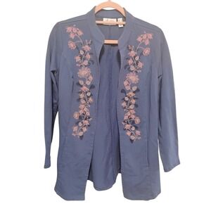 D & Co Blue Embroidered Pink Floral Cardigan Small Holiday‎ Layering Top